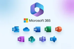 Ensemble des icônes Microsoft 365 (Outlook, Word, Teams) pour illustrer la suite complète de votre prestataire microsoft 365