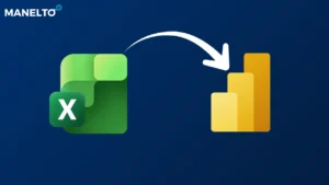 Icônes Excel et Power BI reliées par une flèche, symbolisant la migration des données d'Excel vers Power BI